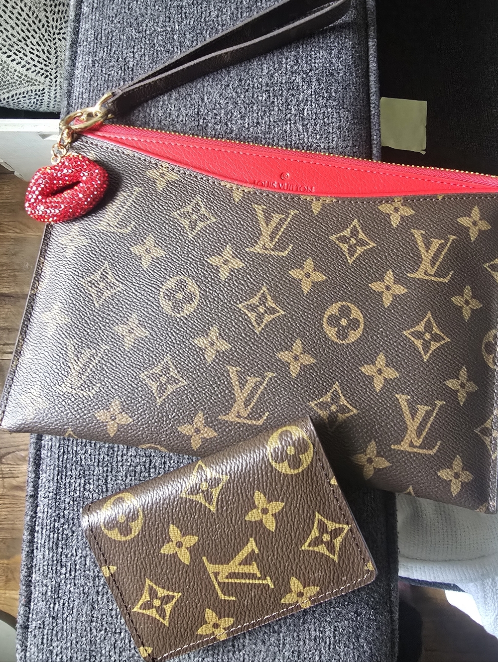Signture To go Monogram Canvas  Clutch in Red Trim/wallet & Crystal Charm Bundle - Picture 7 of 12